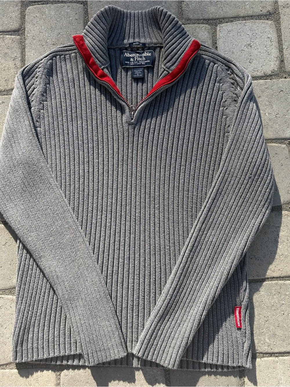 Abercrombie & Fitch Gray Ribbed Half-Zip Sweater with Red Trim